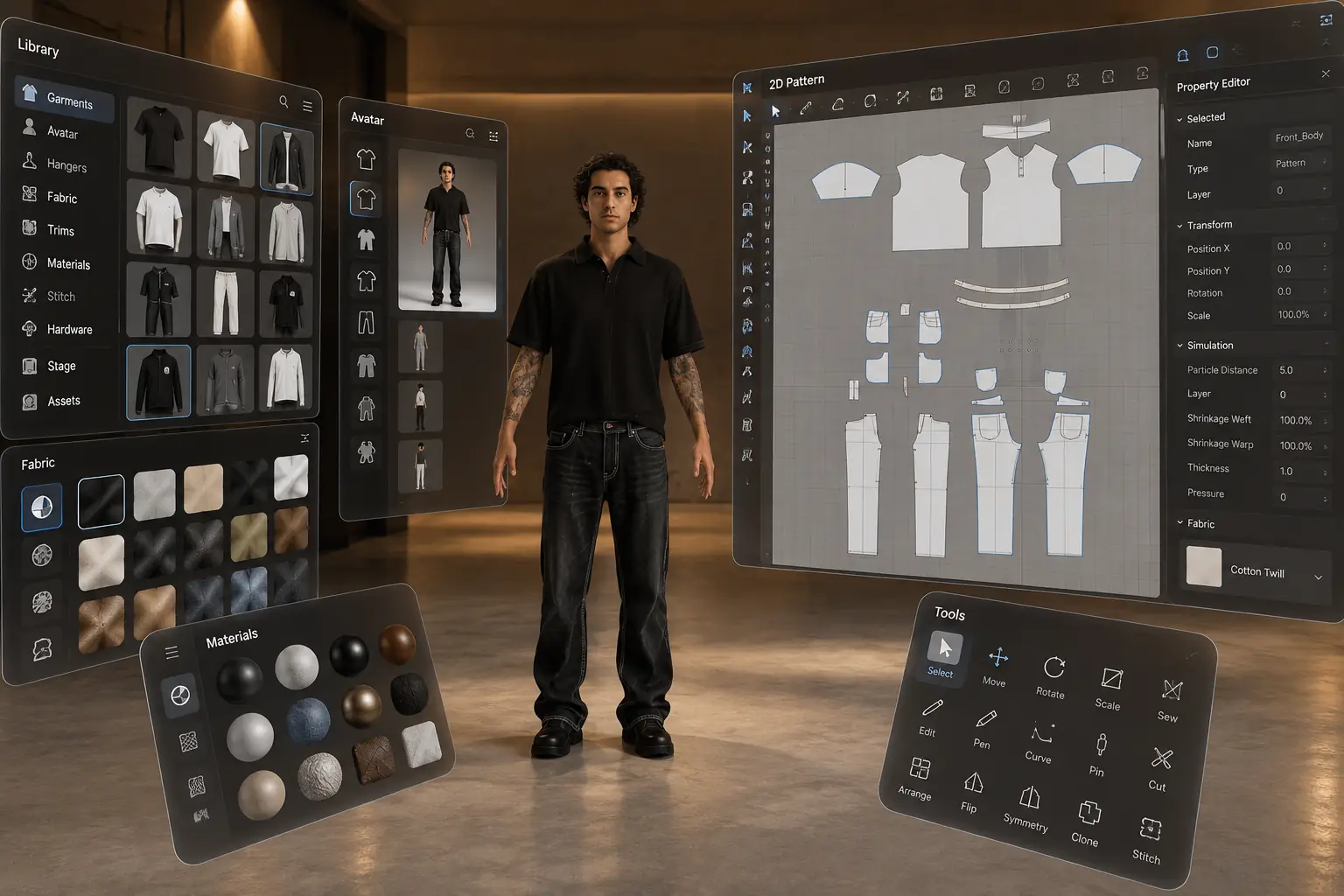 Concept render of the CLST spatial studio: a garment on an avatar between floating pattern and material panels