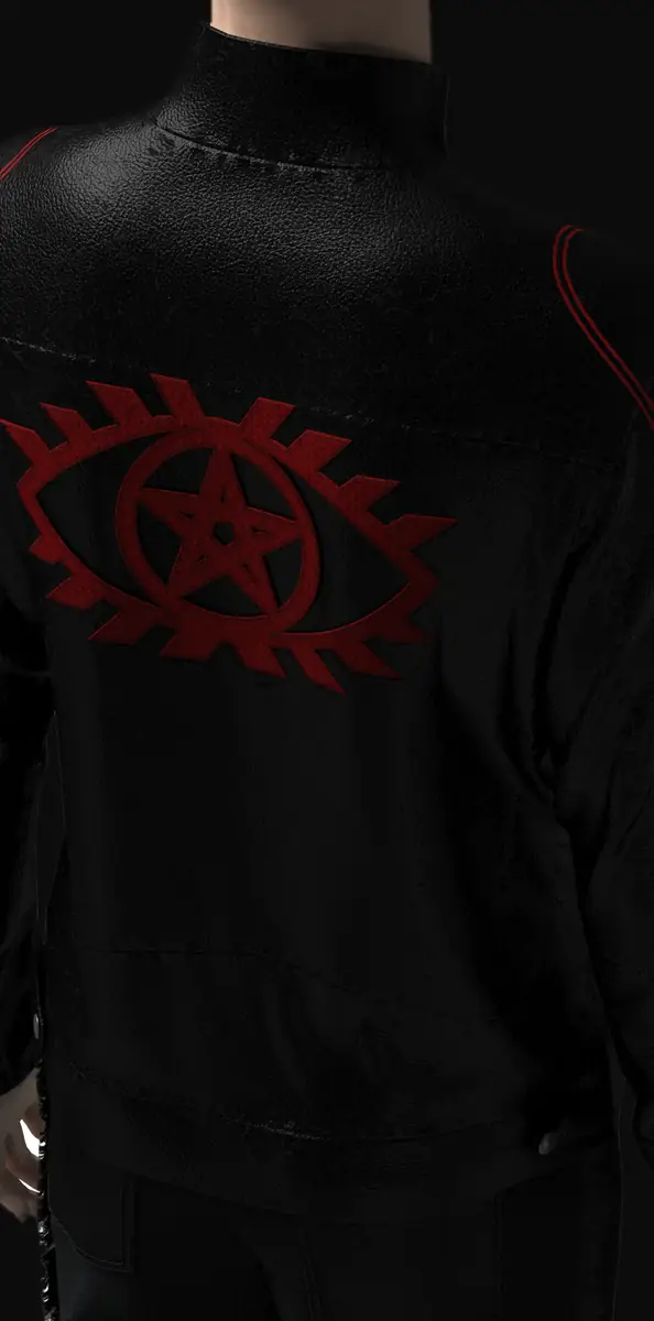 veste cuir col motard haut, back with red Eye